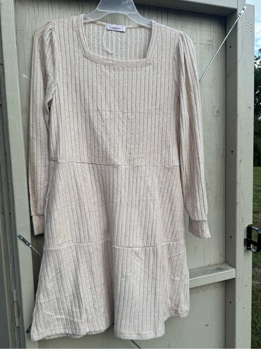 Everyday Ribbed Long-Sleeve Cream Dress